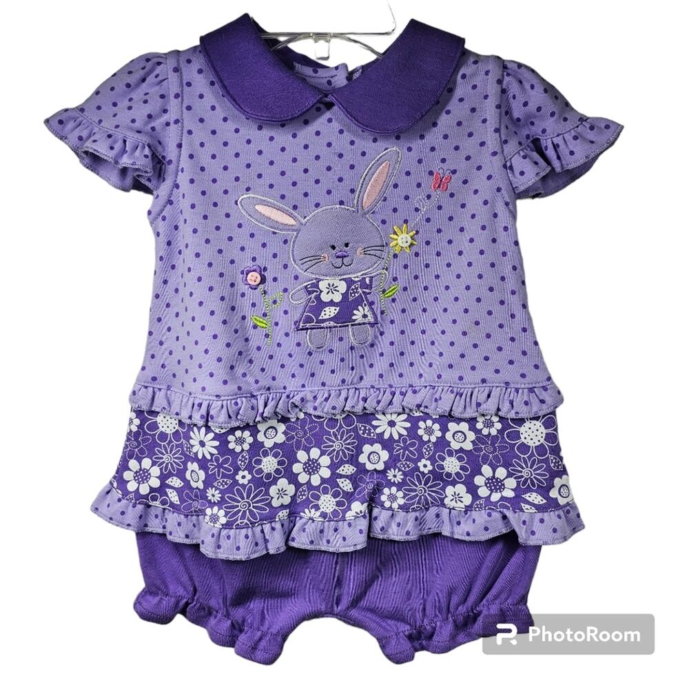 Baby Okie-Dokie Purple Bunny Romper 2-piece Set Size 3-6 months